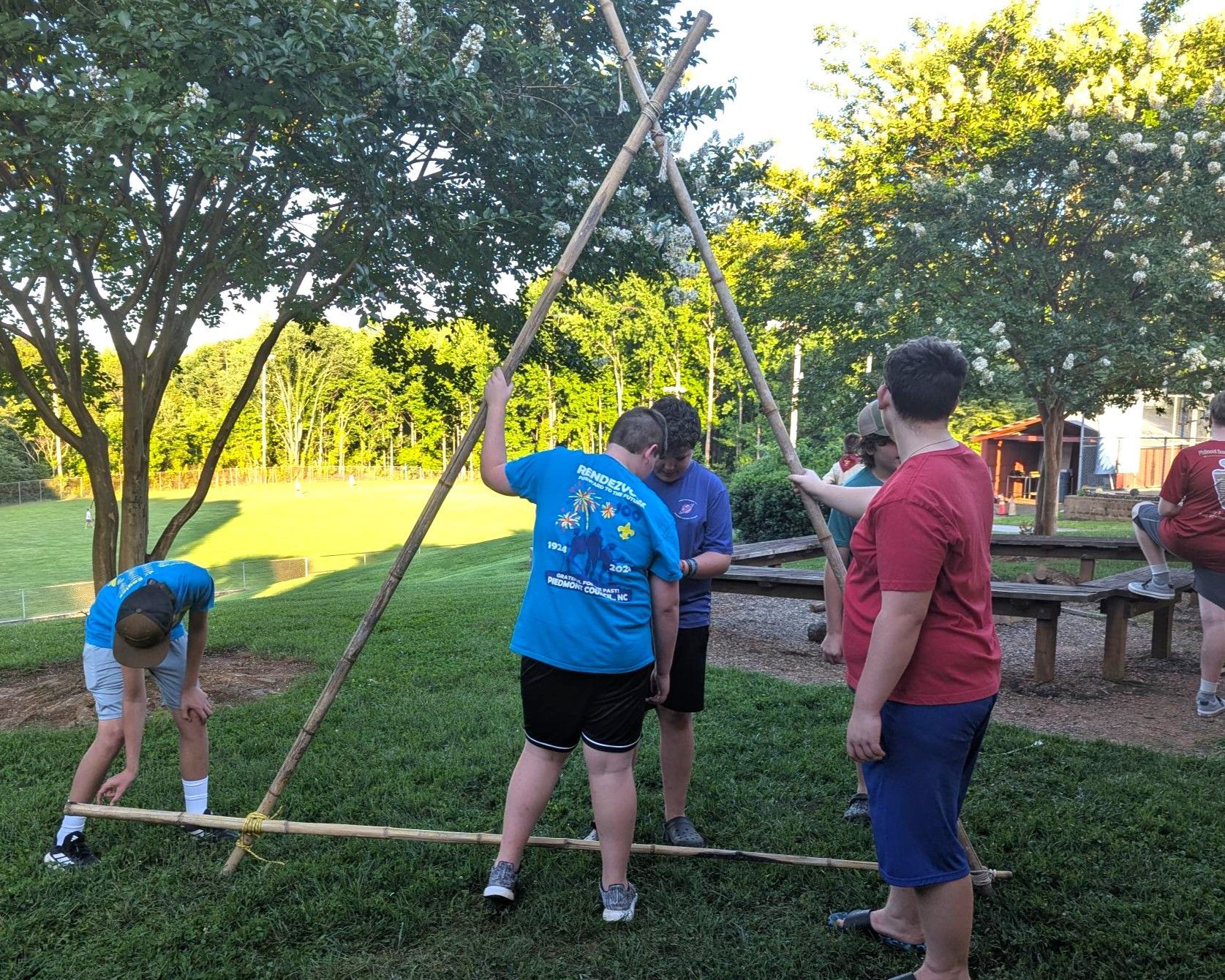A group of people are working on a teepee in a park.