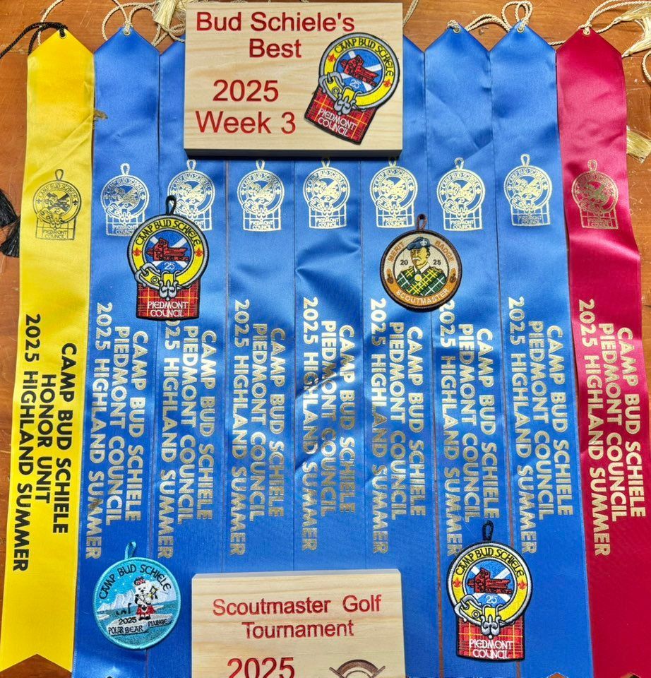 A bunch of blue and yellow ribbons that say bud schiele 's best week 3