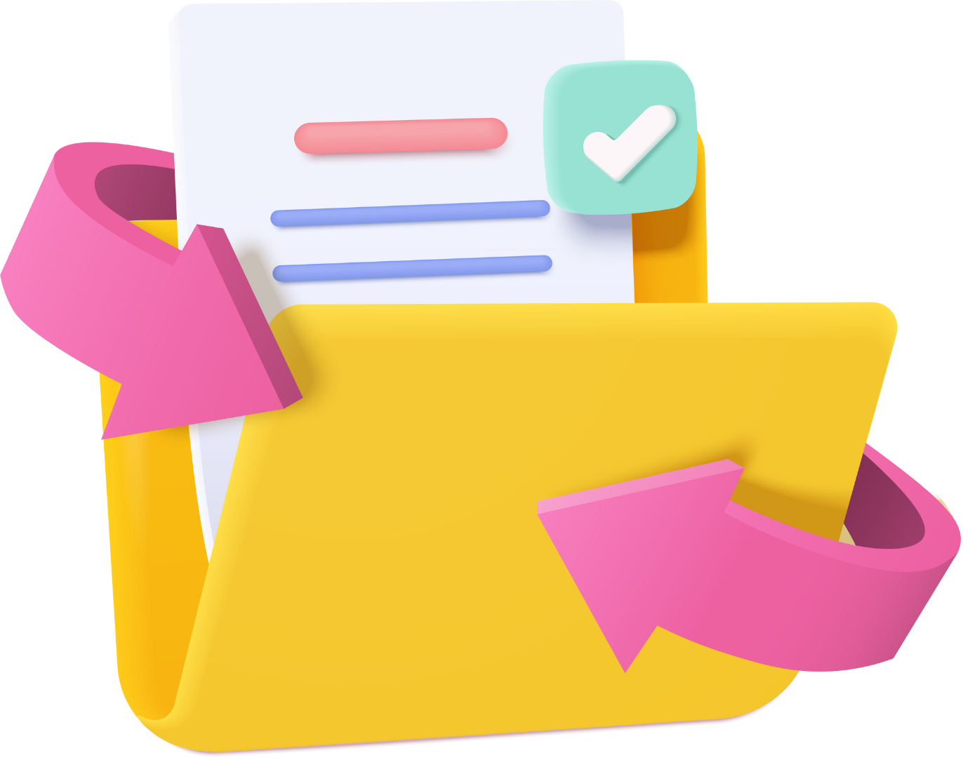 A yellow folder with a pink arrow pointing to it and a check mark on it.