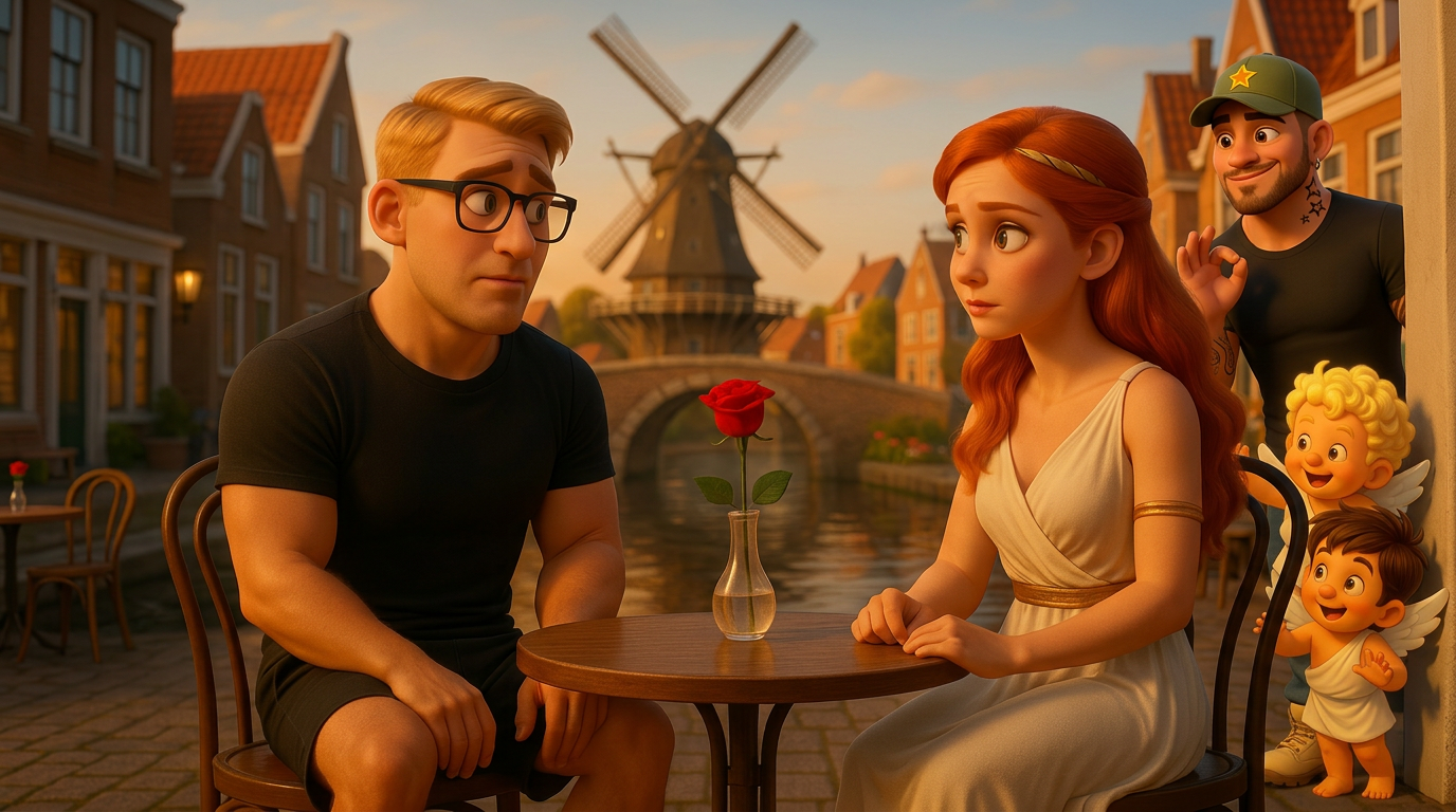 Dos personas están sentadas en una mesa de café con una rosa roja, un molino de viento y casas junto al canal al fondo.