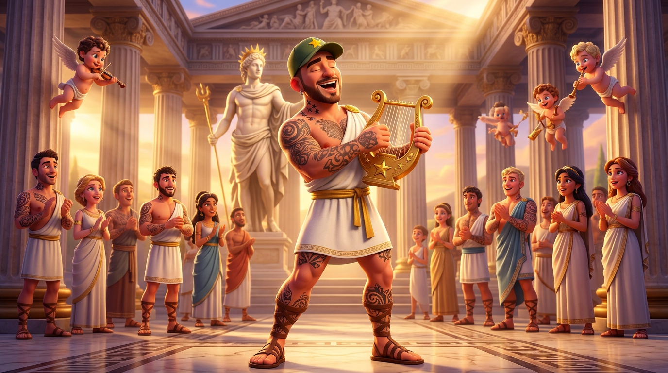 Hombre cantando con camisa y gorra blancas, rodeado de querubines y columnas doradas del templo en una escena resplandeciente.
