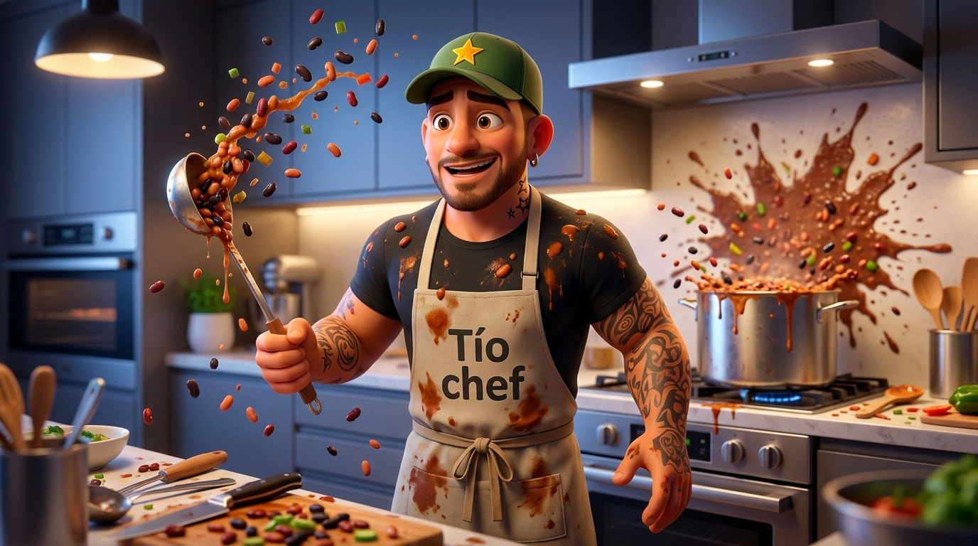 Un cocinero sonriente con un delantal de dragón azul sosteniendo un cucharón en medio de una cocina desordenada y salpicada de salsa.