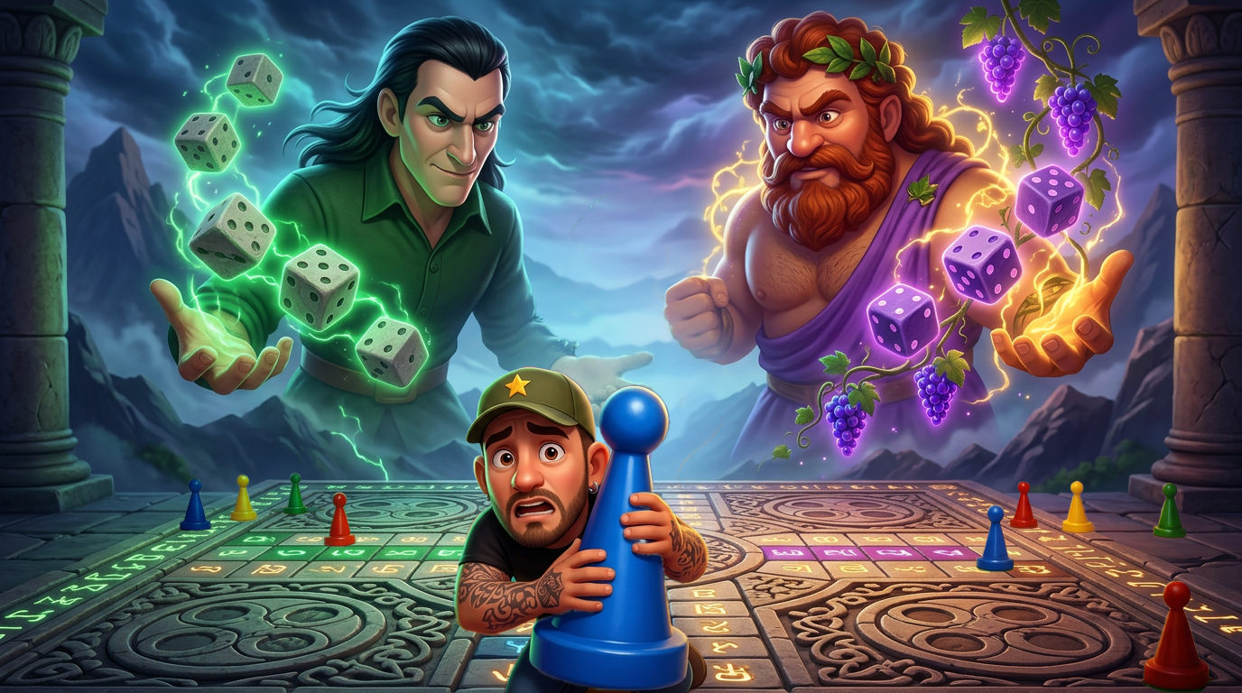 Escena animada de un juego de mesa con un hombre moviendo un peón azul entre dos figuras fantásticas gigantes y dados brillantes.