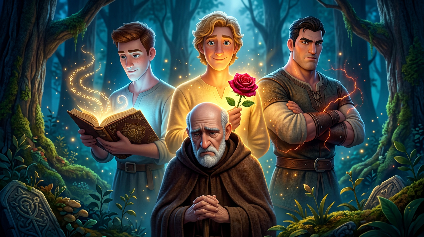 Cuatro aventureros fantásticos se encuentran en un bosque resplandeciente; uno de ellos lee un libro de magia y un anciano está delante.