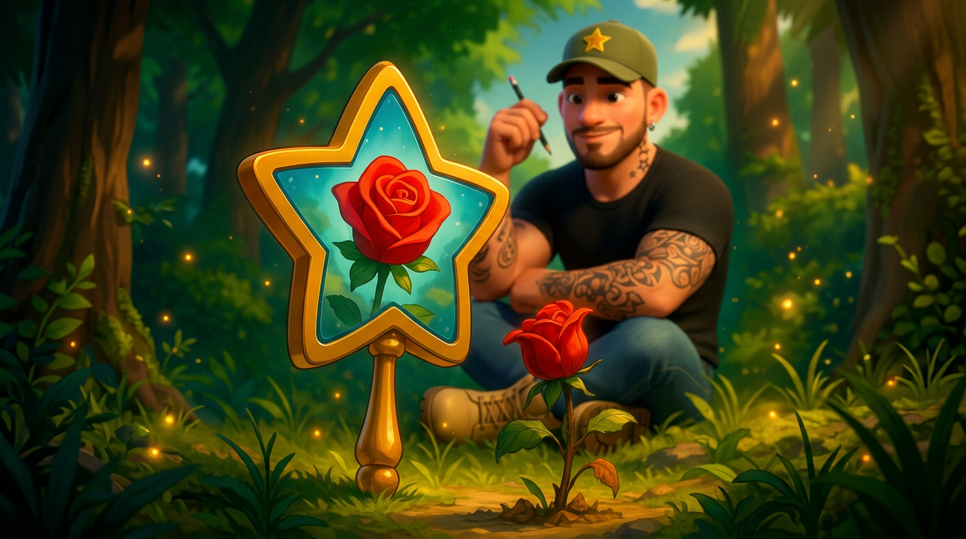 Espejo en forma de estrella que refleja una rosa roja, con un hombre y otra rosa en un cálido entorno de jardín.