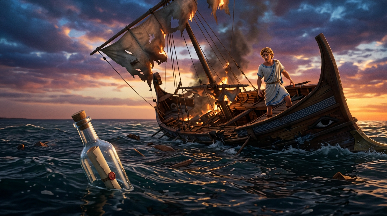 Un barco en medio de un mar tempestuoso al atardecer, con un mensaje luminoso en una botella flotando en primer plano.
