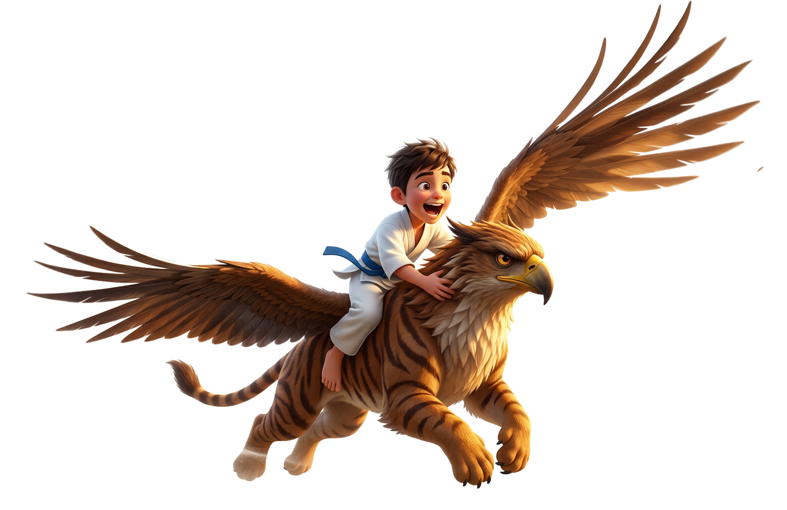 Niño montando un tigre alado en pleno vuelo, con las alas marrones extendidas sobre un fondo blanco.