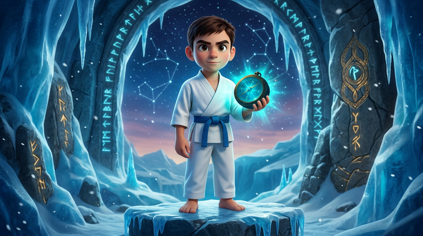 Un niño con un uniforme blanco de artes marciales sostiene una esfera azul brillante en una cueva helada, de pie sobre una plataforma de cristal.