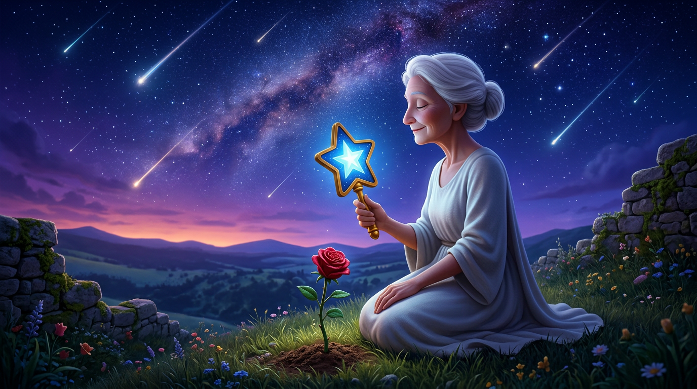 Una mujer vestida de blanco está sentada bajo un cielo estrellado, sosteniendo una varita luminosa en forma de estrella y una pequeña flor.
