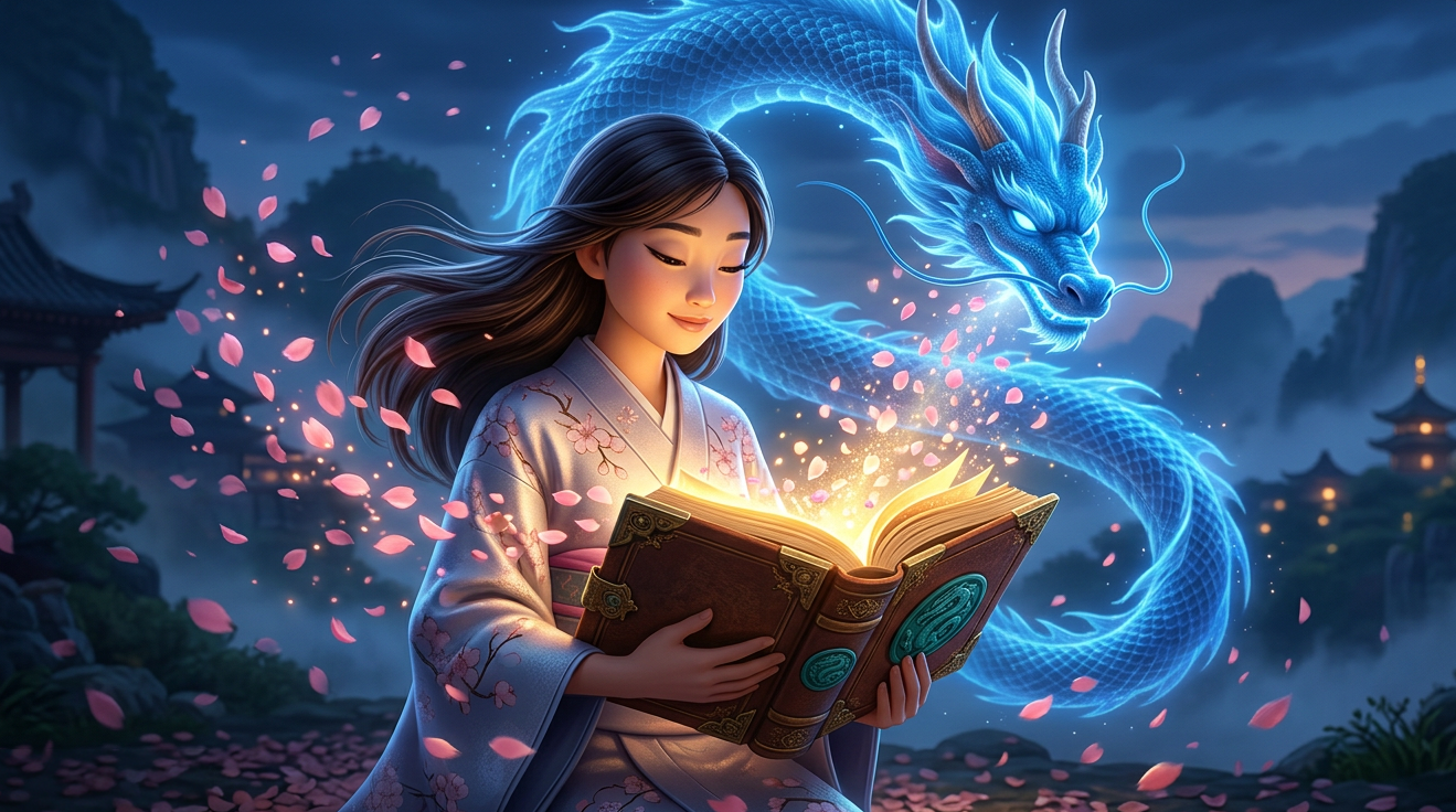 Una niña con túnica gris lee un libro resplandeciente mientras un dragón azul se arremolina tras ella con pétalos rosas flotando.
