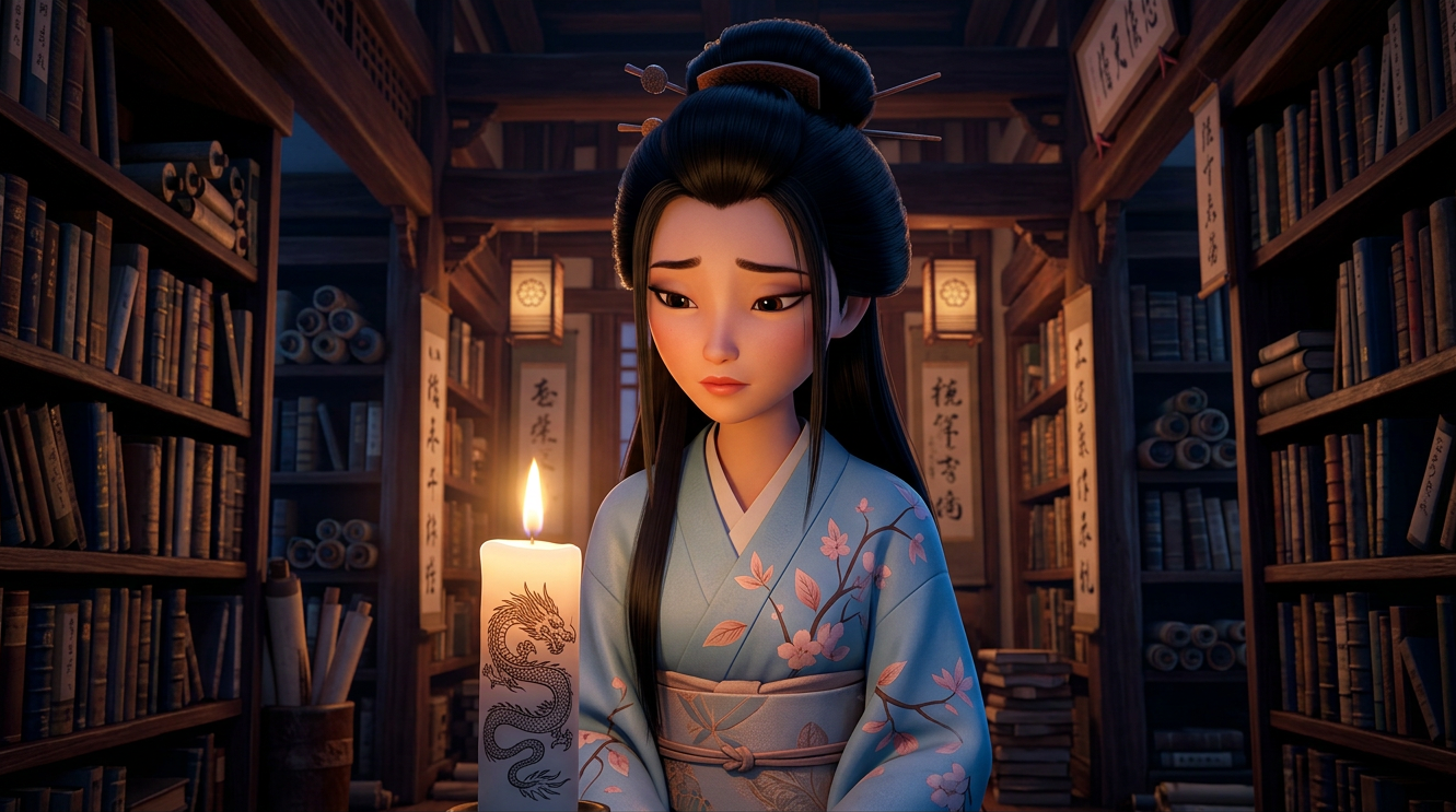 Persona con túnica azul encendiendo una vela en una biblioteca con poca luz, un brillo cálido ilumina su rostro y los estantes.