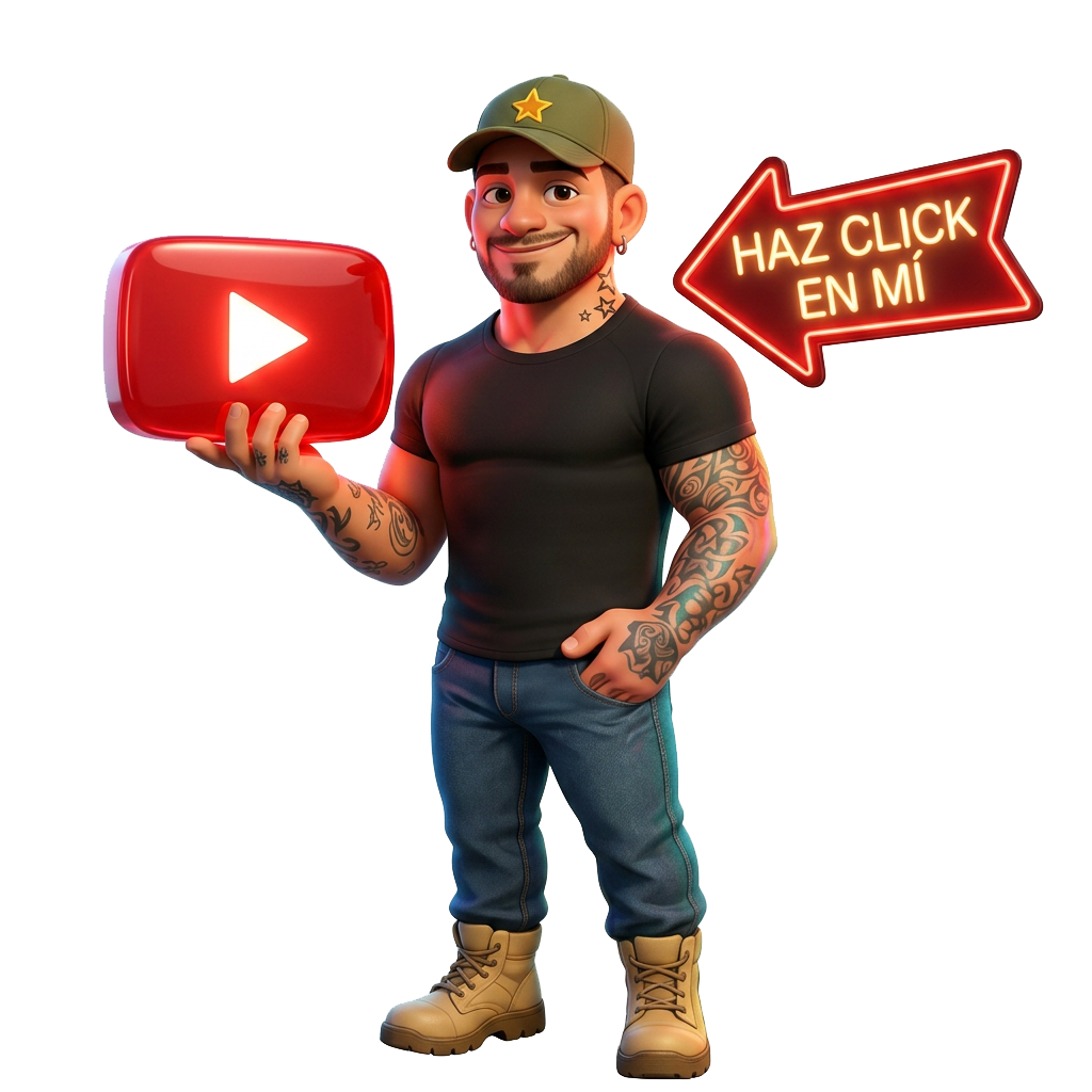 Hombre con camisa negra sosteniendo el botón rojo de reproducción de YouTube junto a una flecha roja que dice “Haz clic en mí”