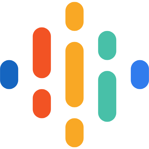 Colorful stylized podcast logo with vertical bars.