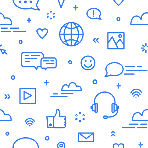 Blue and white social media icons: speech bubbles, globe, like, clouds, and more.