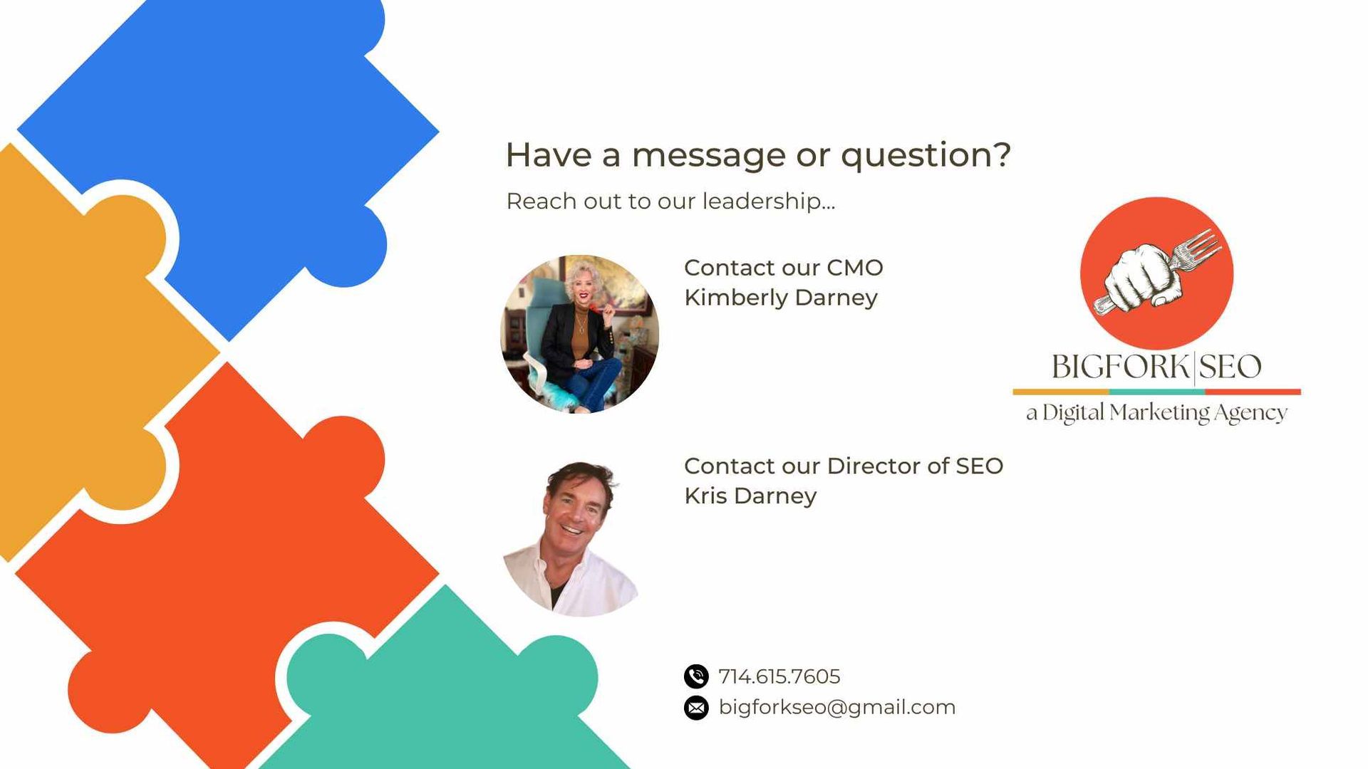 A colorful marketing agency slide with puzzle pieces, contact info for the CMO and director, logo.