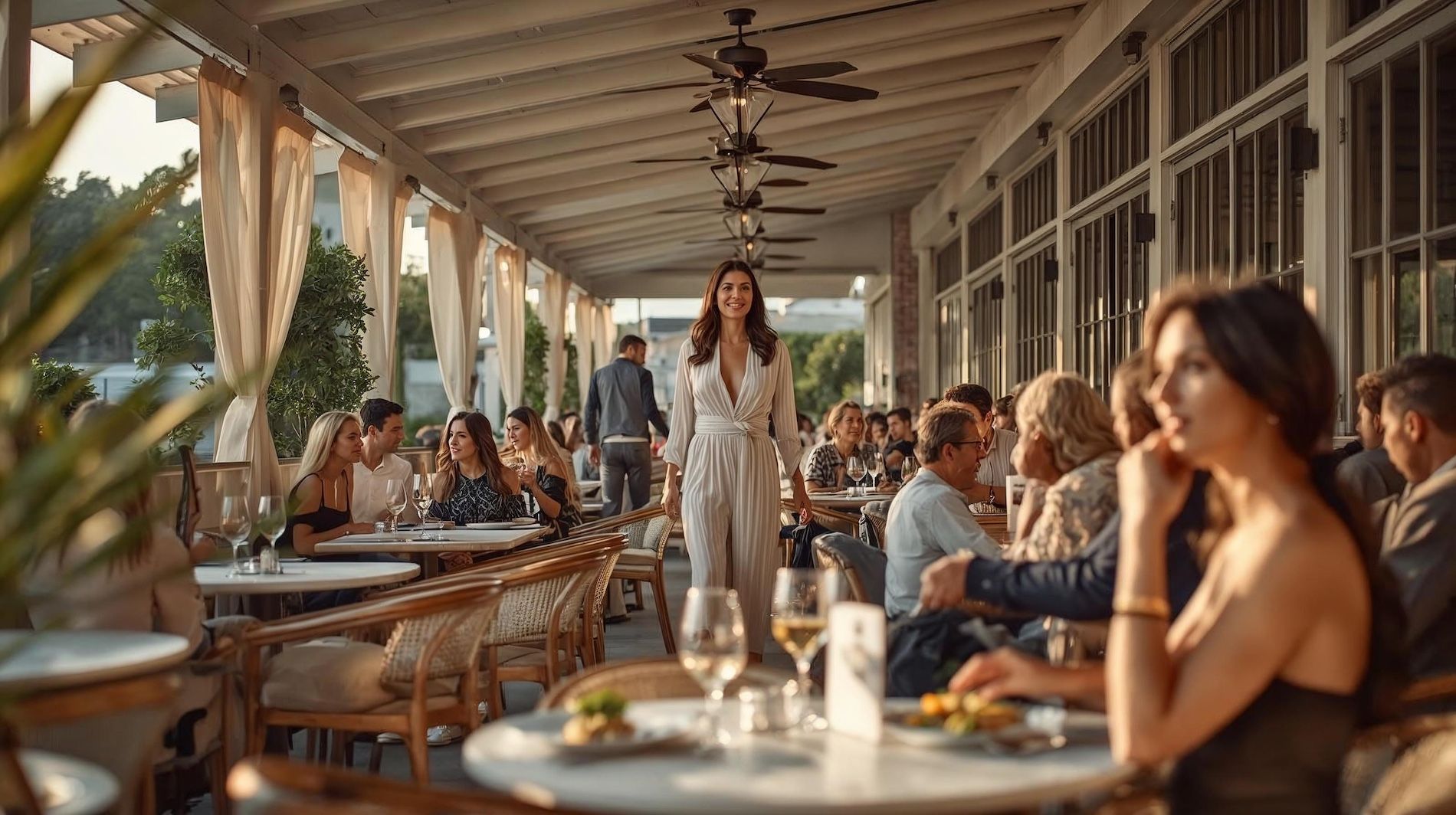 Guests dining on a light coastal patio at a Newport Beach restaurant, showing repeat visits and full atmosphere