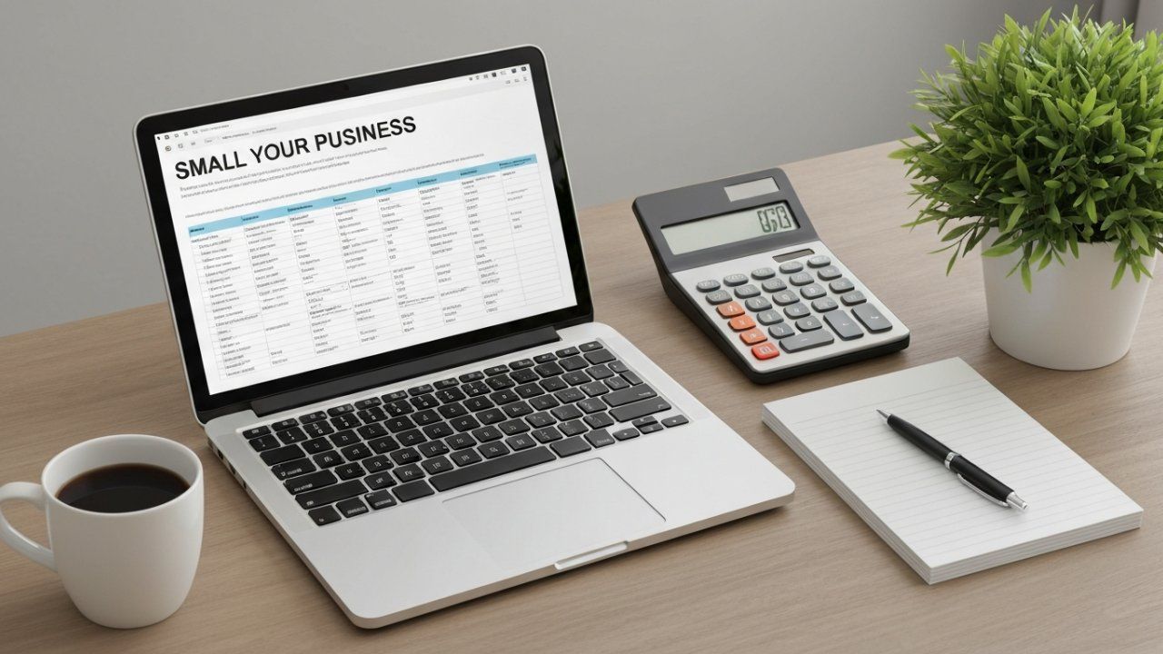 Laptop displaying spreadsheet, calculator, notepad, pen, and coffee cup on desk.