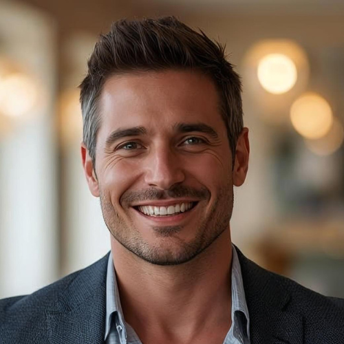 a man smiling wearing a dress shirt and suit coat