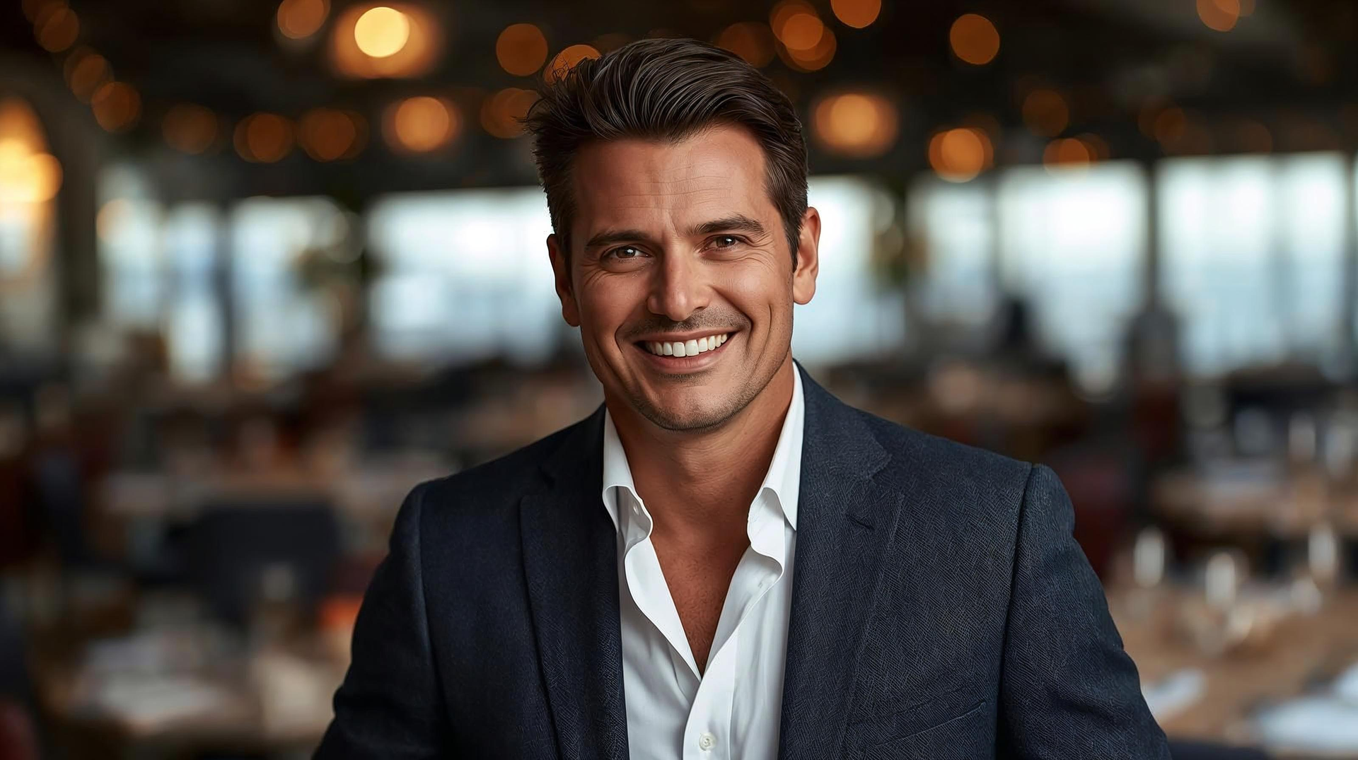 Man in a dark blazer smiles broadly, set in a restaurant with blurred background lights.