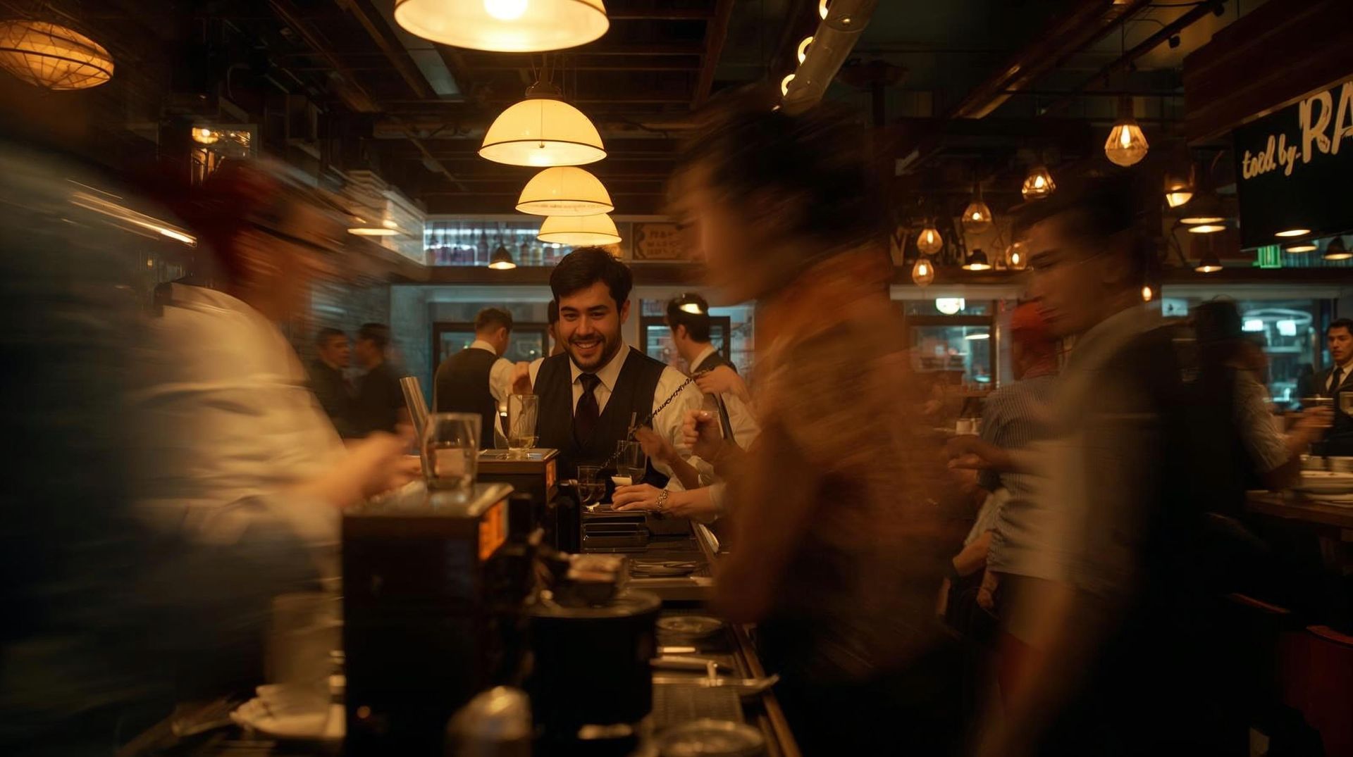 Busy restaurant host stand during peak service with phone ringing