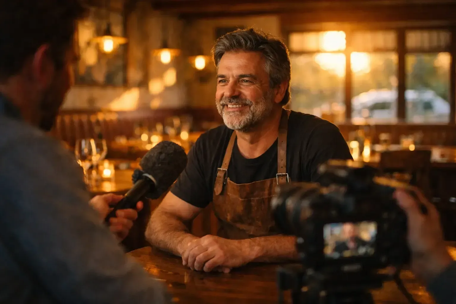 Restaurant owner being interviewed inside independent dining room