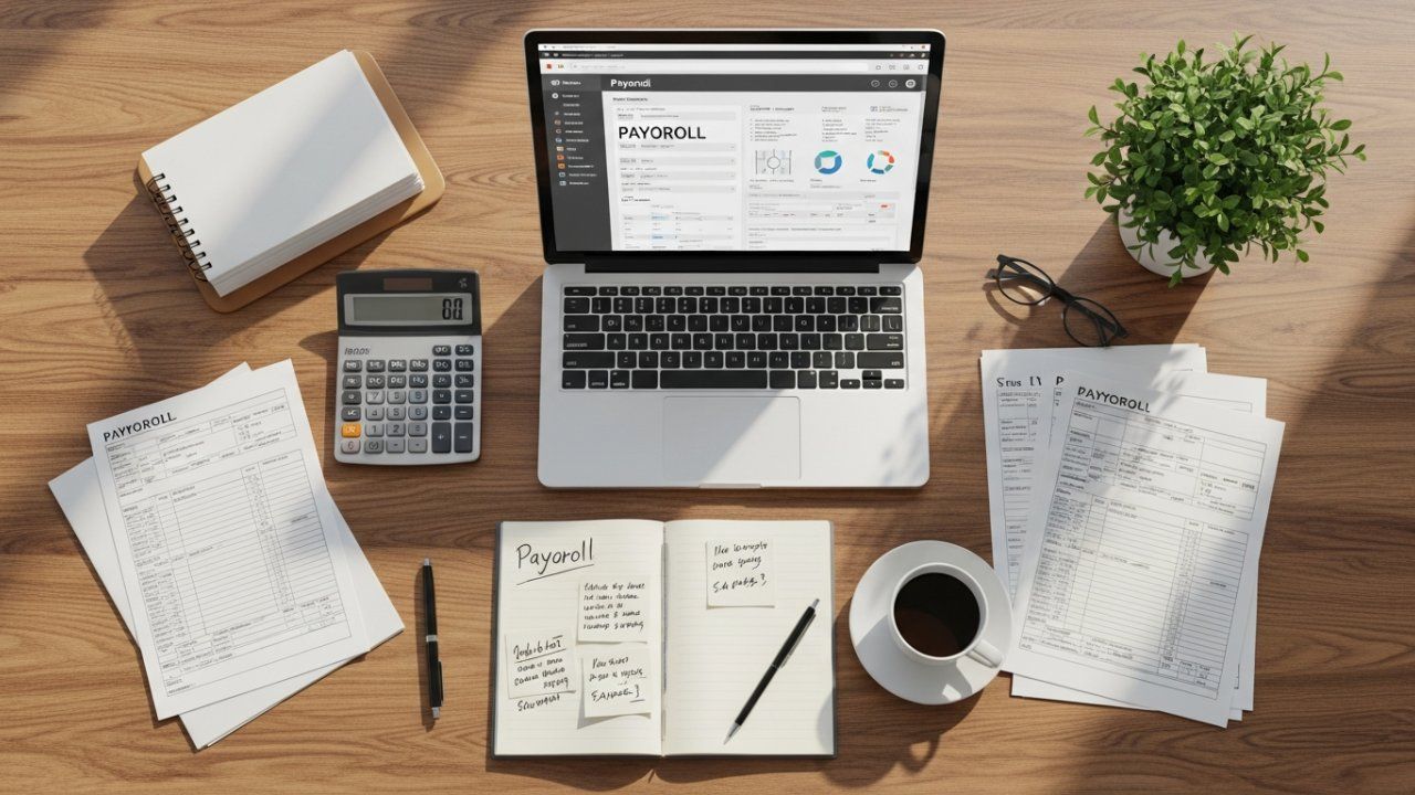 Laptop with financial data open, surrounded by papers, calculator, notebook, coffee cup, and a plant on a wooden desk.