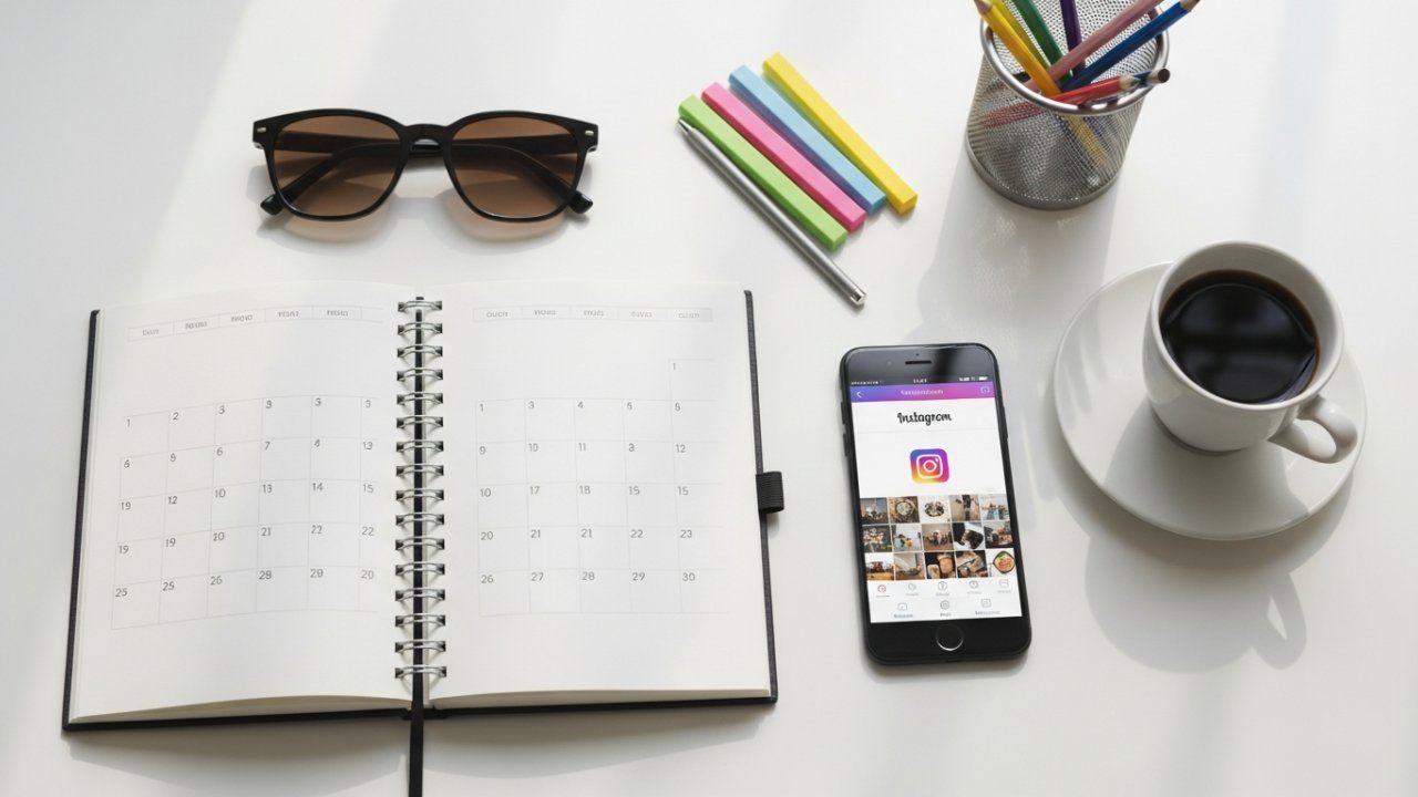 Overhead view of a desk with sunglasses, a planner, phone with Instagram, coffee, and colored pens.