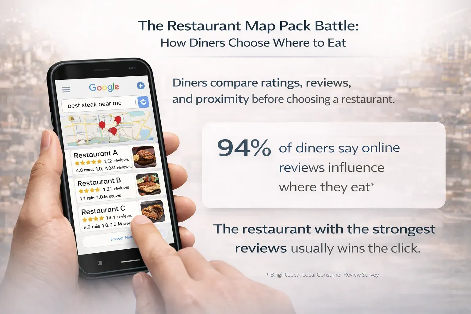 Click to view Google Maps restaurant search results showing diners comparing ratings, reviews, photos, and location before choosing where to eat.