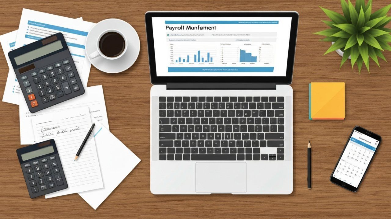 Laptop displaying data graphs on a wooden desk with calculator, coffee, notes, phone, and plant.