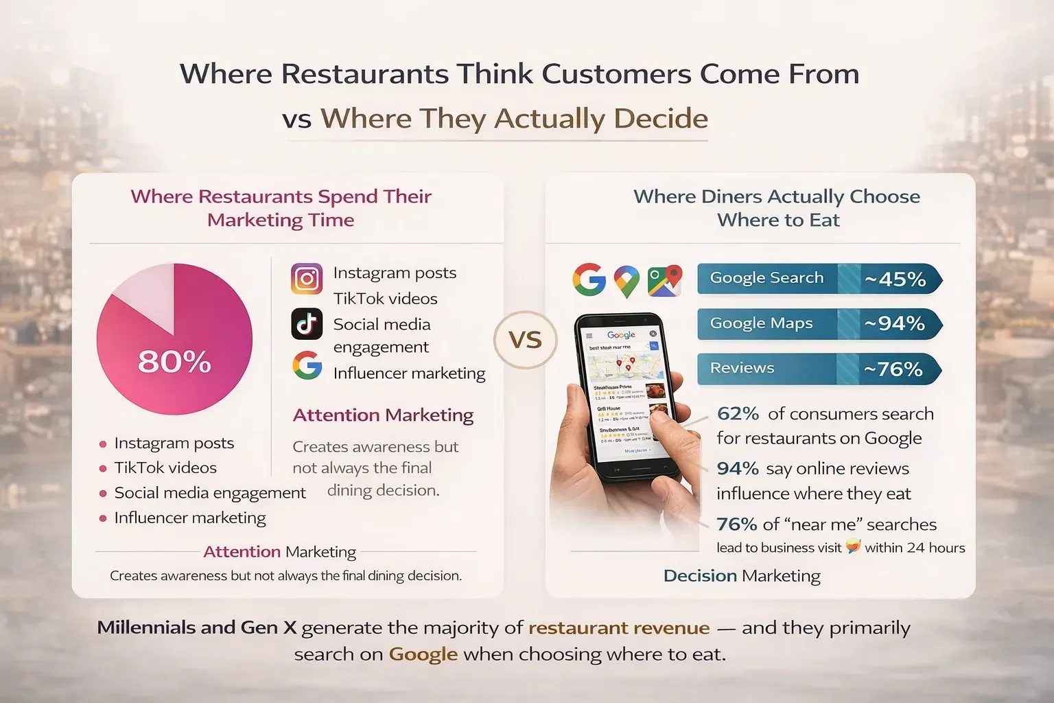 Restaurant marketing infographic showing social media discovery vs Google Search, Maps, and reviews where diners decide where to eat.
