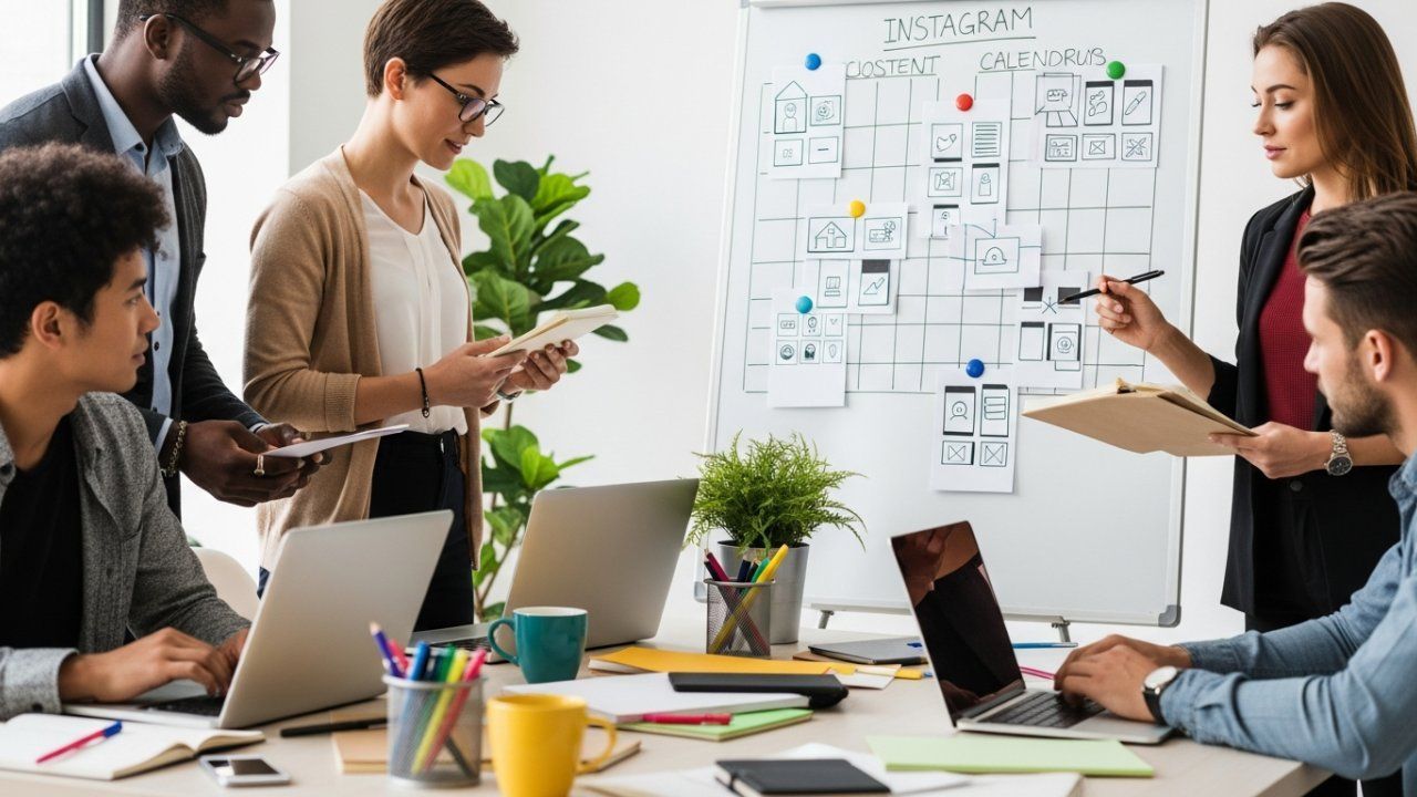Team collaborating around a whiteboard with diagrams and laptops, discussing project.