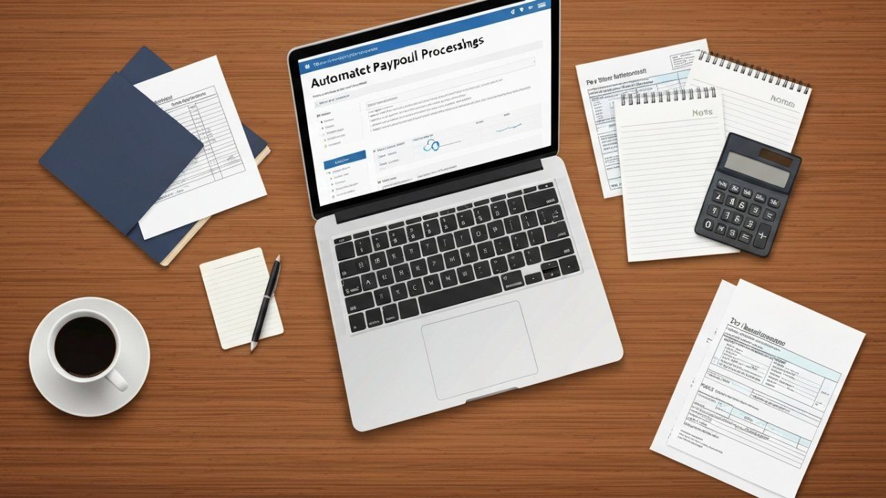 Laptop with financial planning software on a desk with documents, calculator, notepad, and coffee.