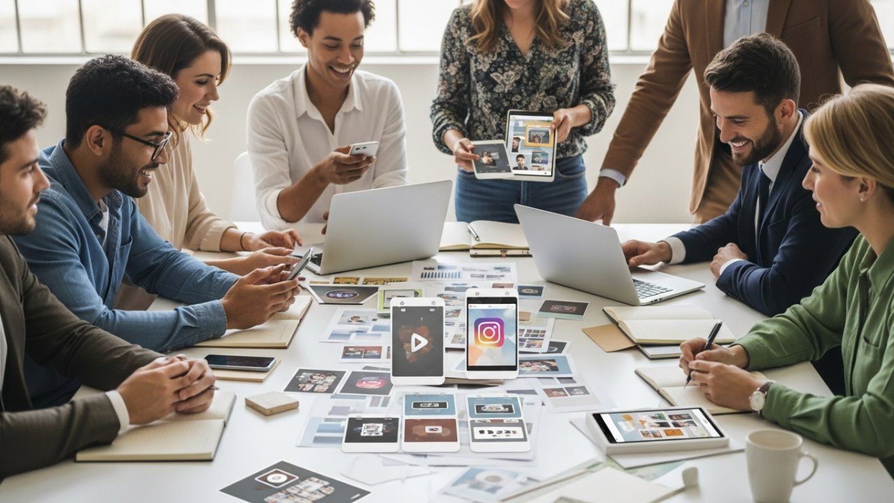 Group of people collaborating around a table, looking at photos and a phone displaying an Instagram post.