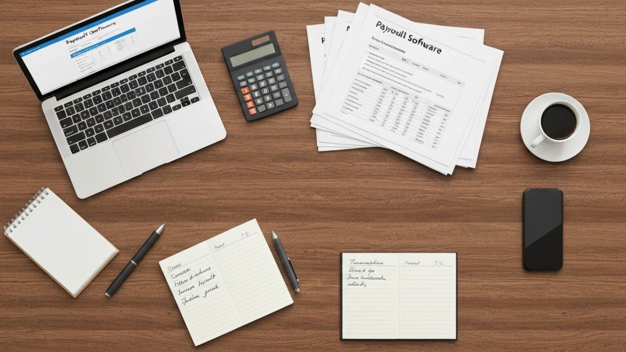 Laptop, documents, calculator, notepad, pens, and coffee cup on a wooden desk.