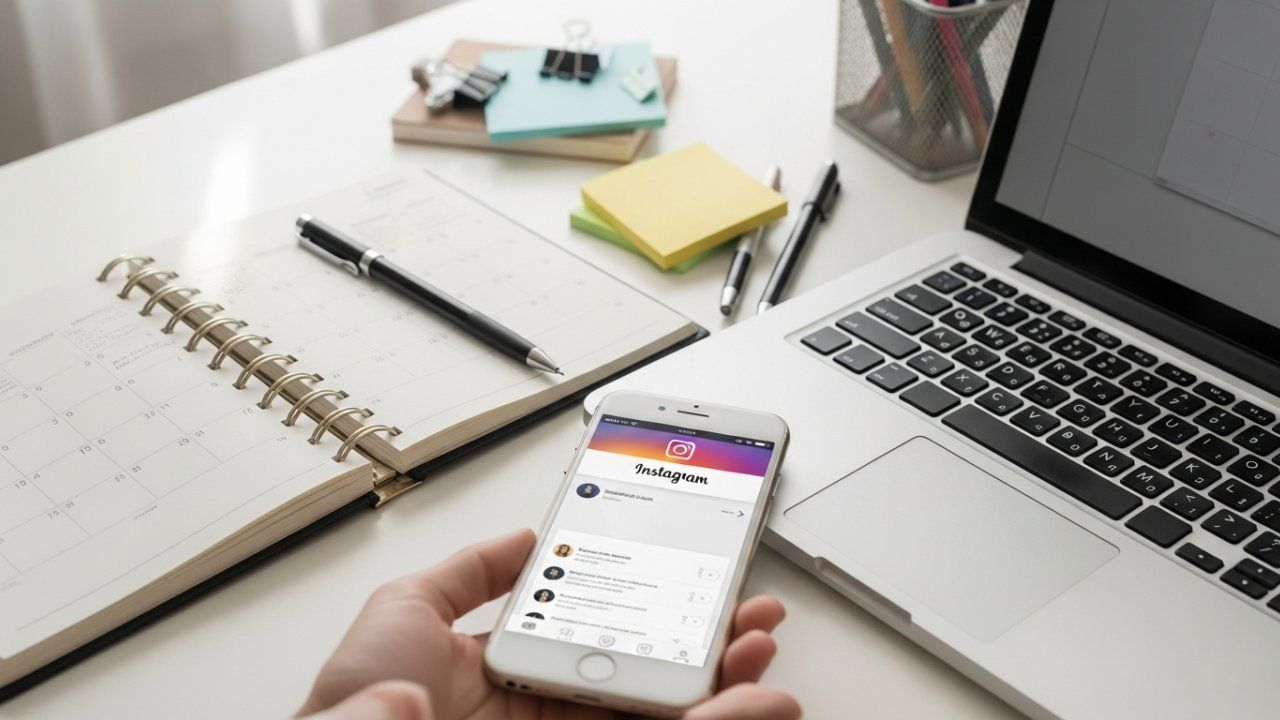 Hand holding phone with Instagram app open, next to laptop, notebooks, pens, and sticky notes on a desk.