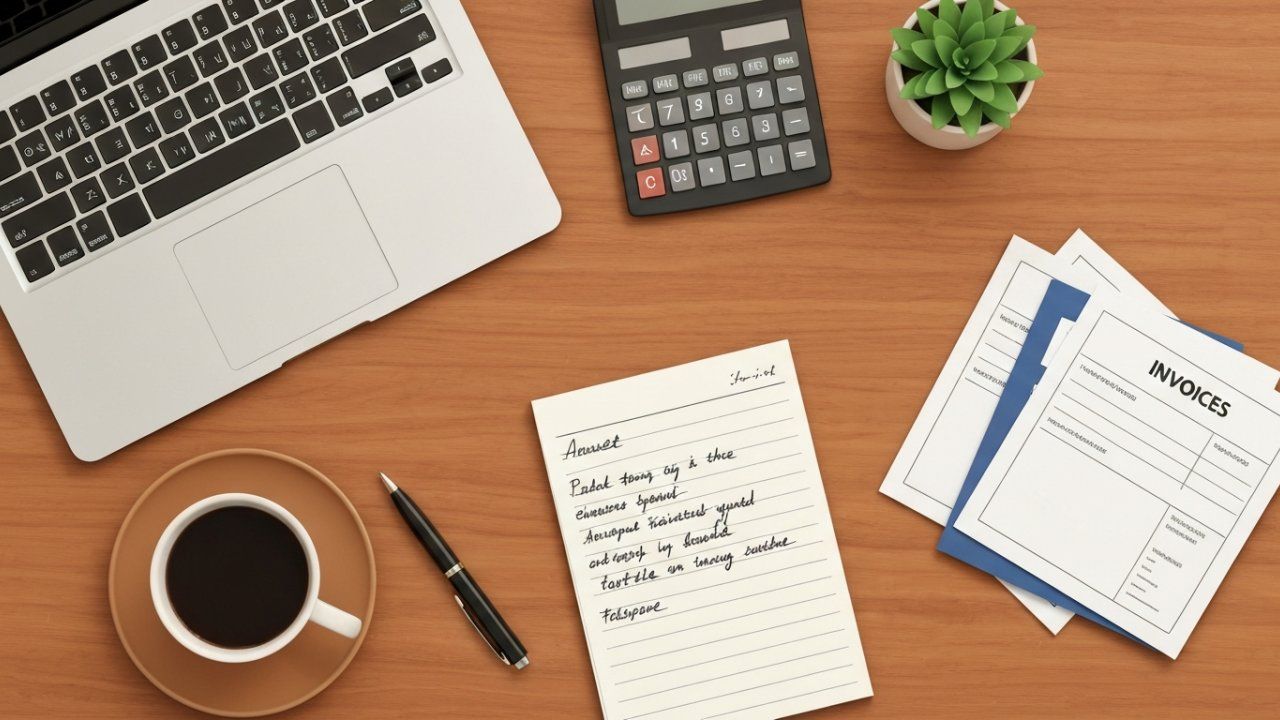 Laptop, coffee, calculator, notepad, and invoices on a wooden desk.