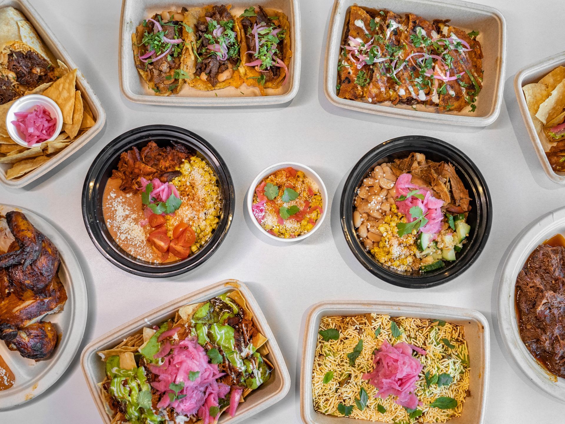 An assortment of dishes at Saucy Chick Indy-Mex Eatery restaurant in Pasadena, California.