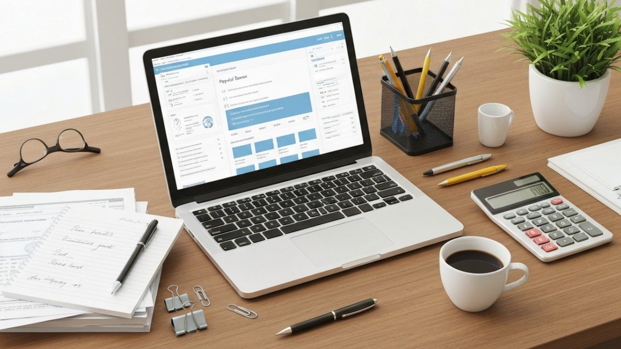 Laptop displaying data charts on a wooden desk with office supplies, coffee, and a plant.