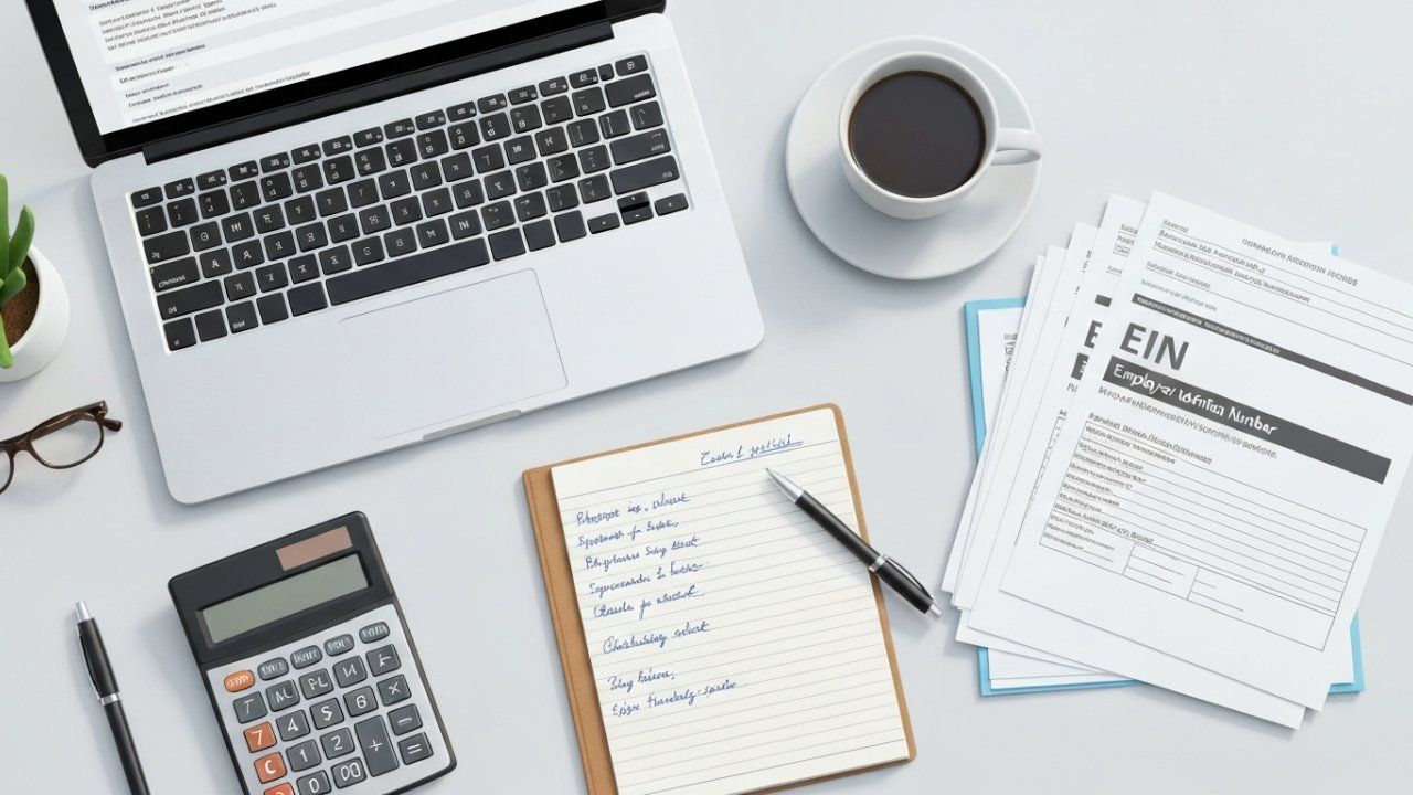 Laptop, documents, calculator, coffee, and notepad on a desk.