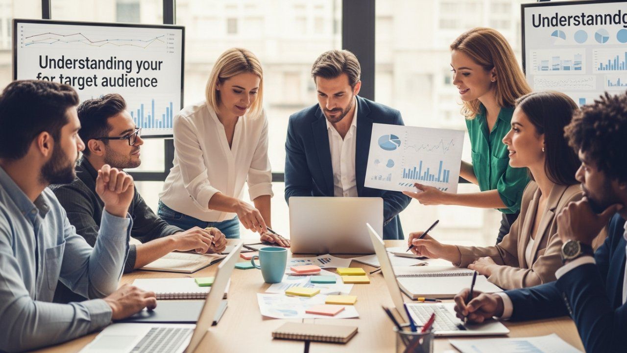 Business team collaborating at a table, reviewing data charts and a laptop in a modern office.
