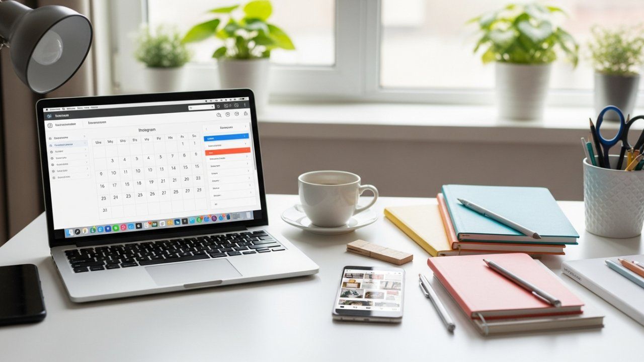 Laptop open on a desk displaying a calendar, with a coffee cup, notebooks, and pens.