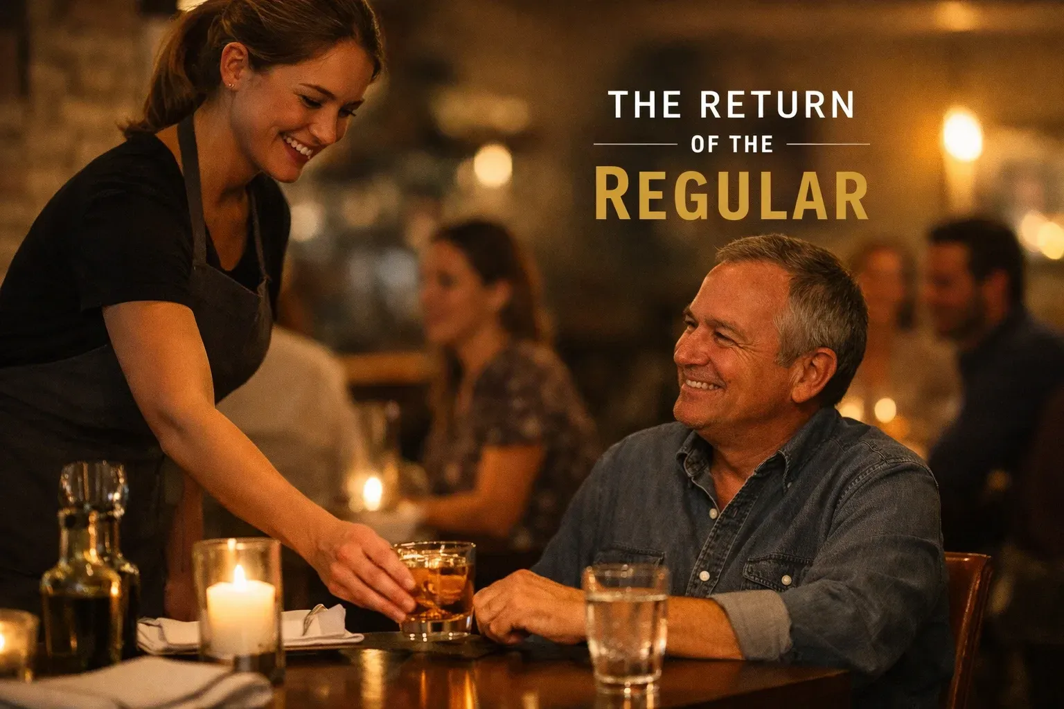 Restaurant server greeting a returning guest and placing their usual drink on the table 