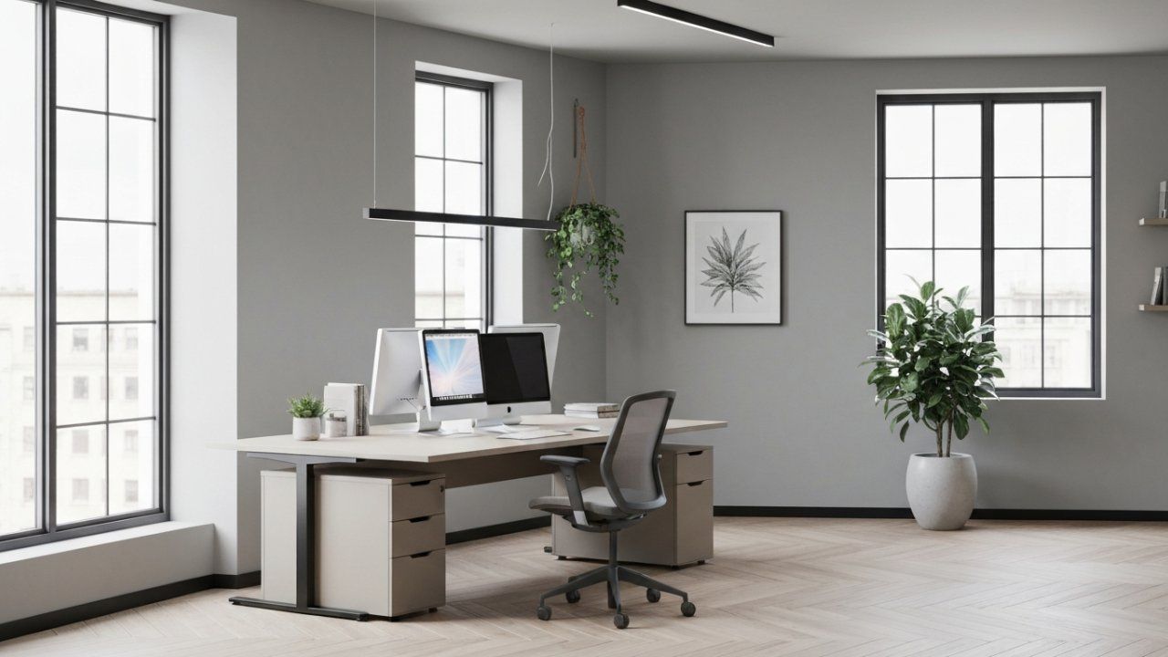 Modern office with desk, computer screens, chair, plants, and large windows. Gray walls and flooring.