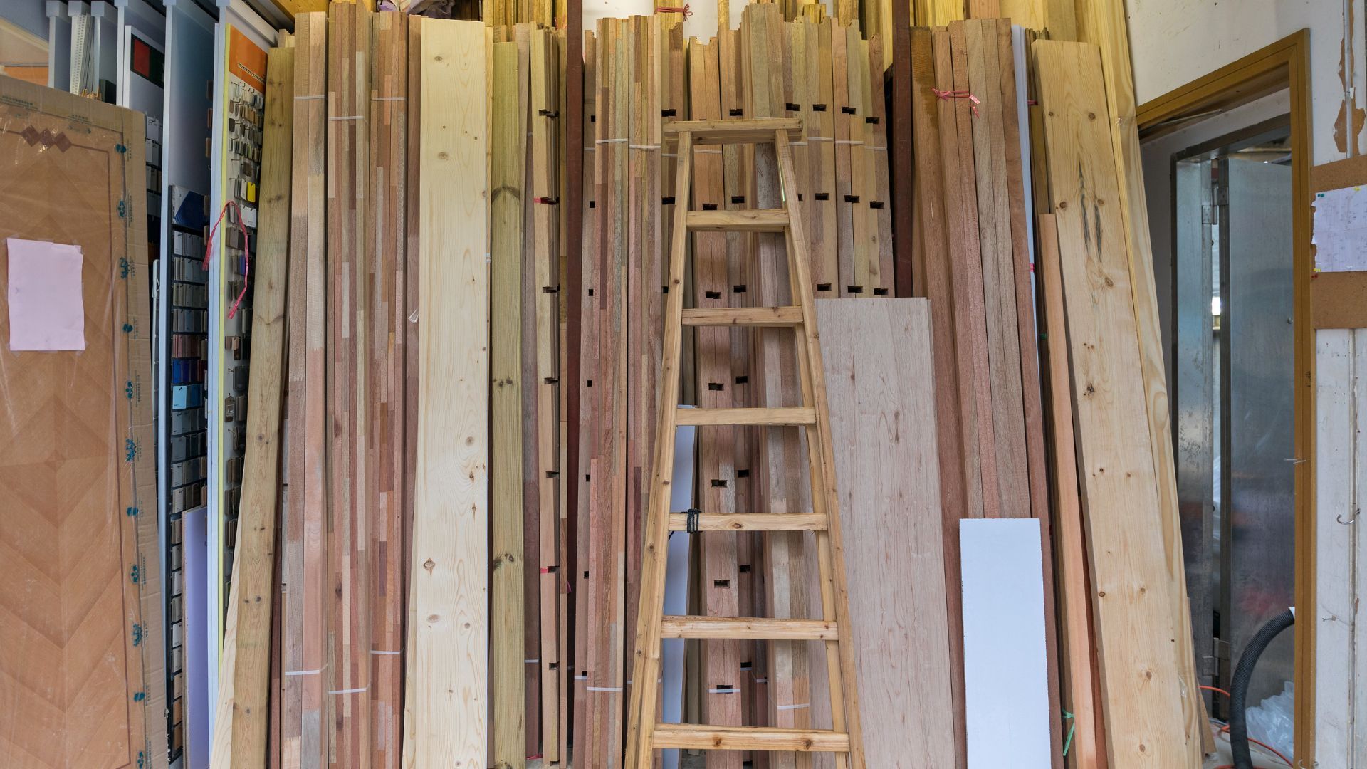 A well-organized workshop in Lubbock, TX, filled with stacks of different wood planks in varying sizes and types, awaiting use in various projects. A wooden ladder is centrally placed, providing access to the higher sections of the organized timber. The workshop exudes an atmosphere of craftsmanship and readiness, with materials neatly arranged, reflecting meticulous preparation for carpentry or construction tasks. This scene embodies the essence of woodworking and craftsmanship in Lubbock.