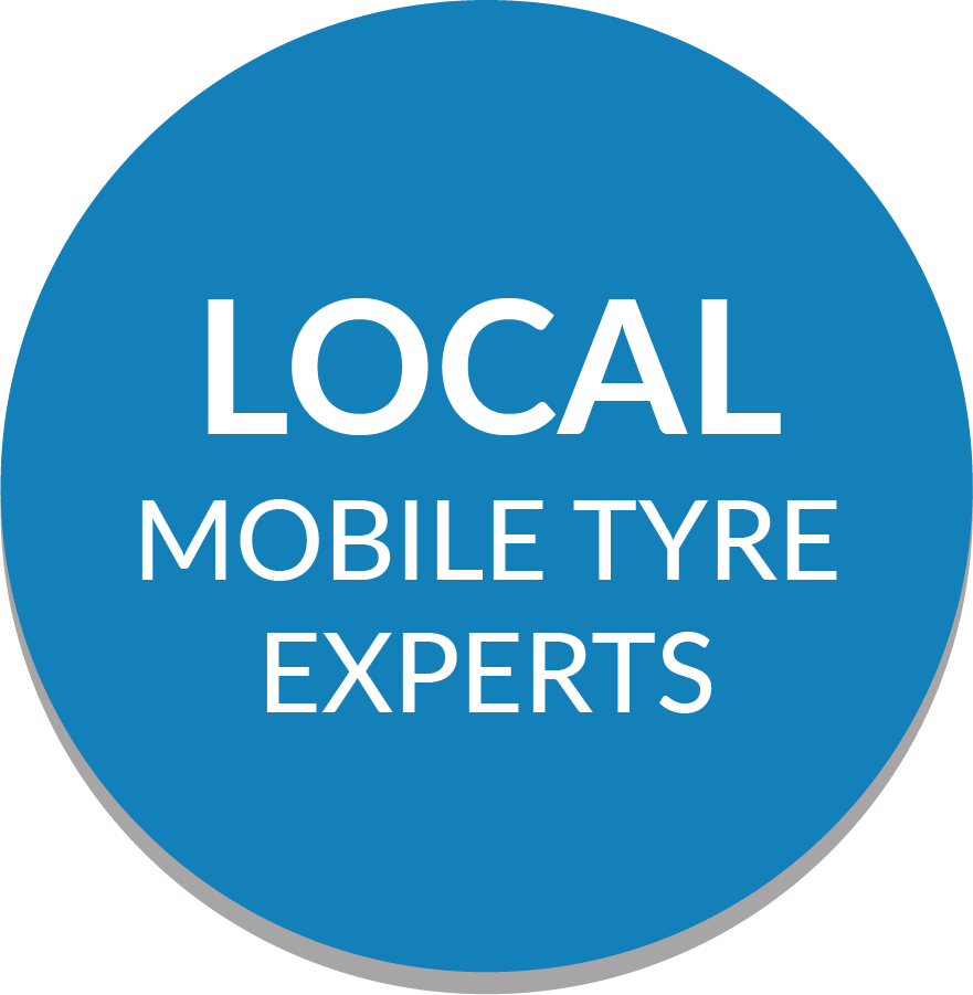 A blue circle with the words local mobile tyre experts on it