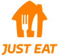 Logo di Just Eat: casa arancione con forchetta e coltello sopra la scritta 