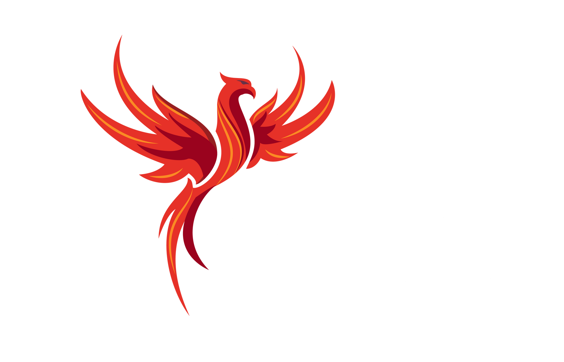 Red phoenix with outstretched wings, ascending on a white background.