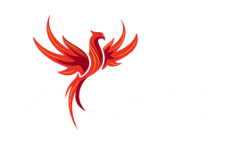 Red phoenix with outstretched wings, ascending on a white background.