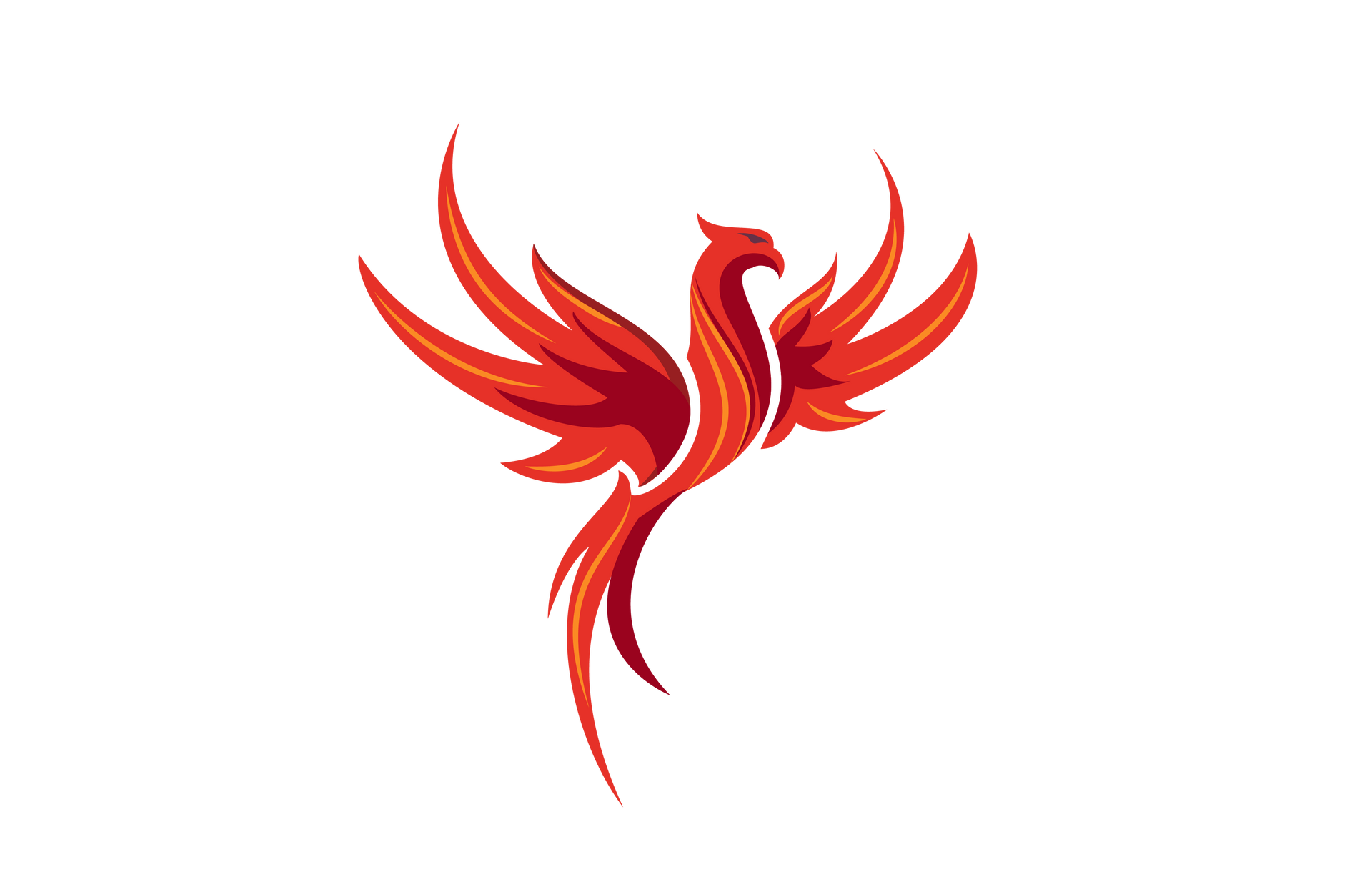 Red phoenix rising, wings spread, on white background.