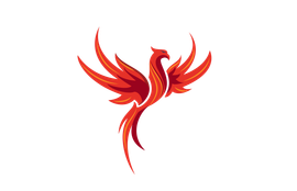 Red phoenix rising, wings spread, on white background.